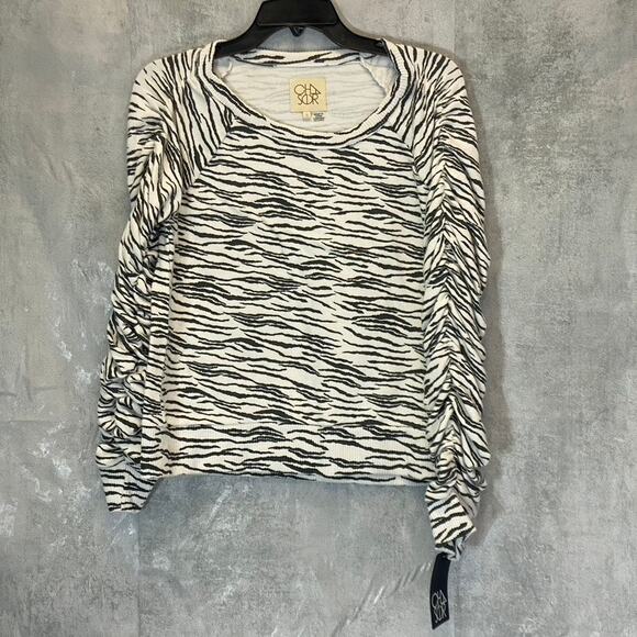 Chaser Tops - CHASER Women's Black-White Zebra Print Shirred Long Sleeve Crewneck Sweatshirt